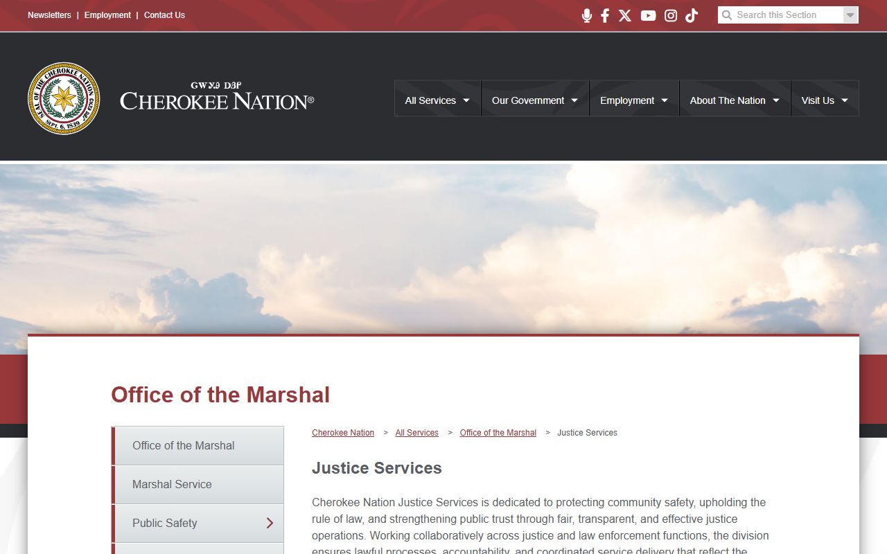 Cherokee Nation Justice Services detention operations custody records page