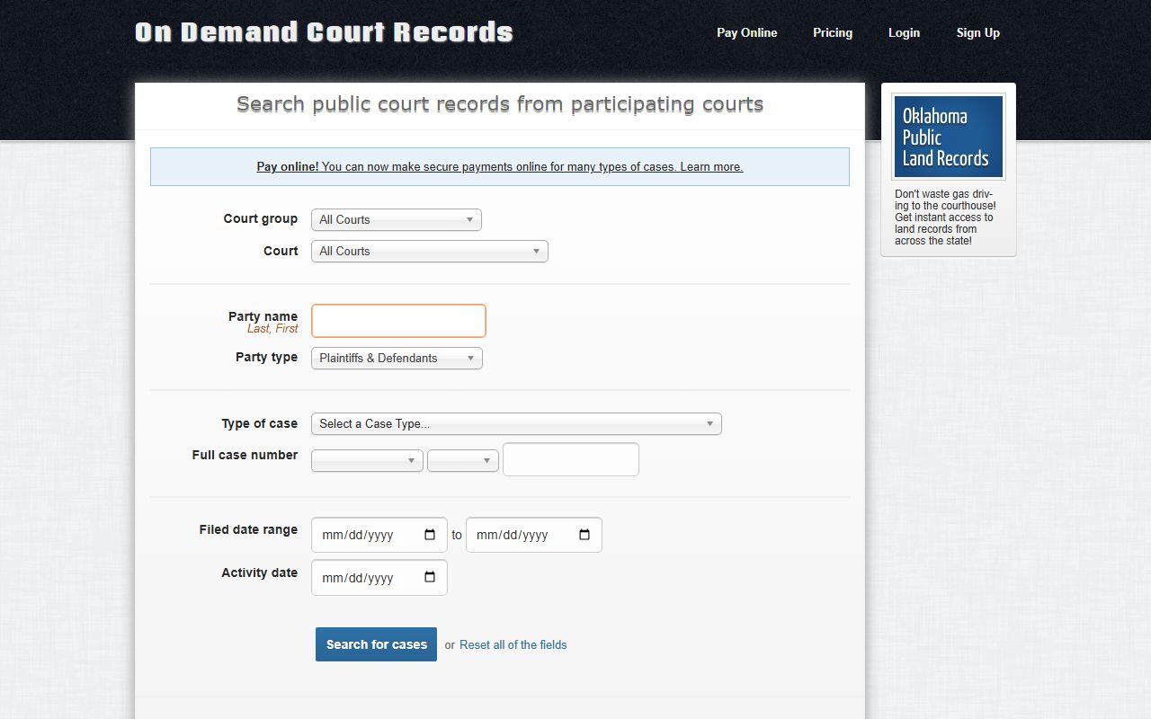 Cherokee County court records after arrest ODCR search fields