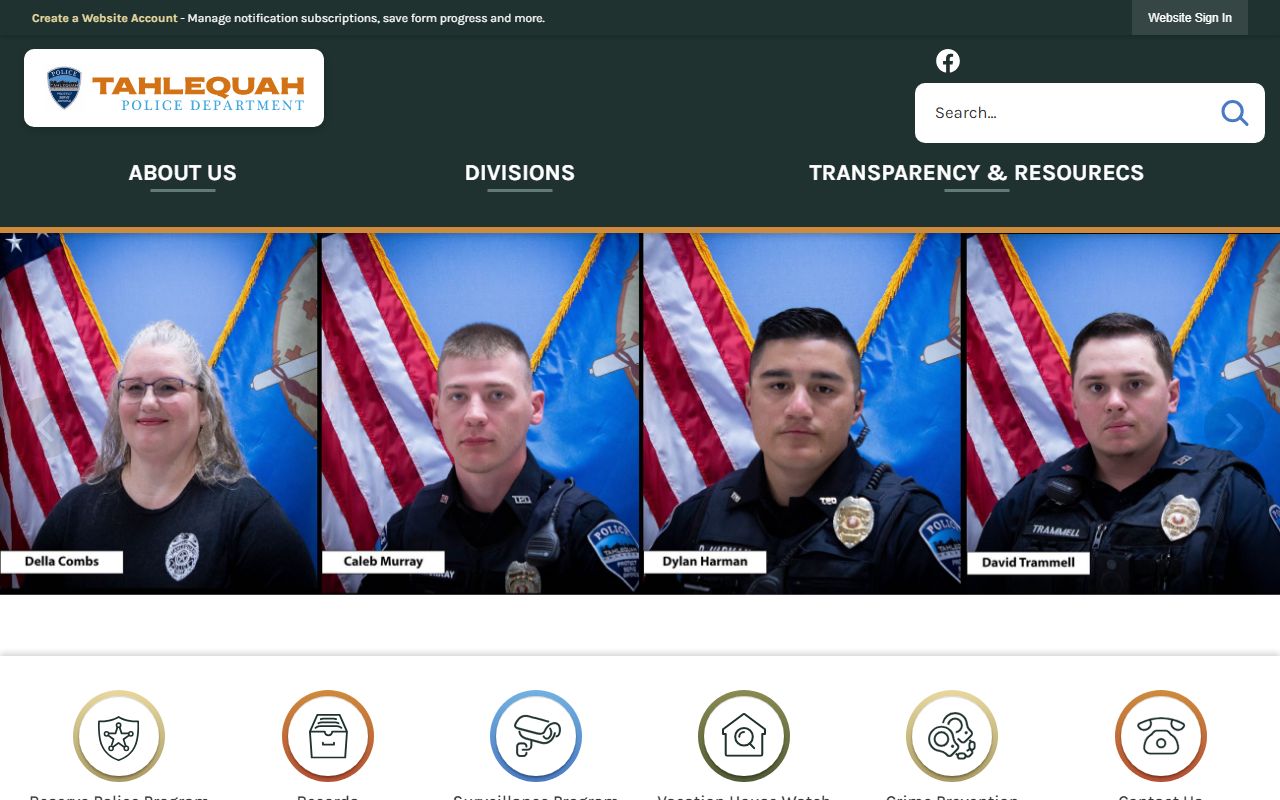 Tahlequah Police Department page for municipal arrest and holding records